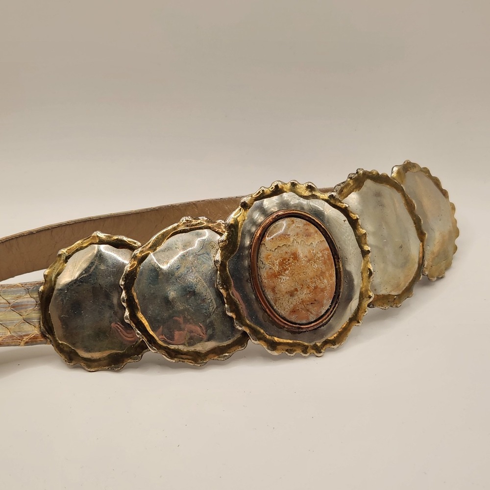 Vintage Bonnie Boynton Signed Mixed Metal Concho Belt Snakeskin Brutalist Jasper